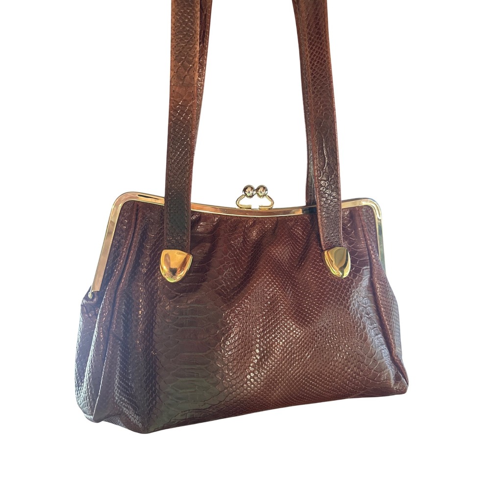 Vintage Made in Italy Brown Embossed Leather Frame Bag Kiss Lock Shoulder Bag